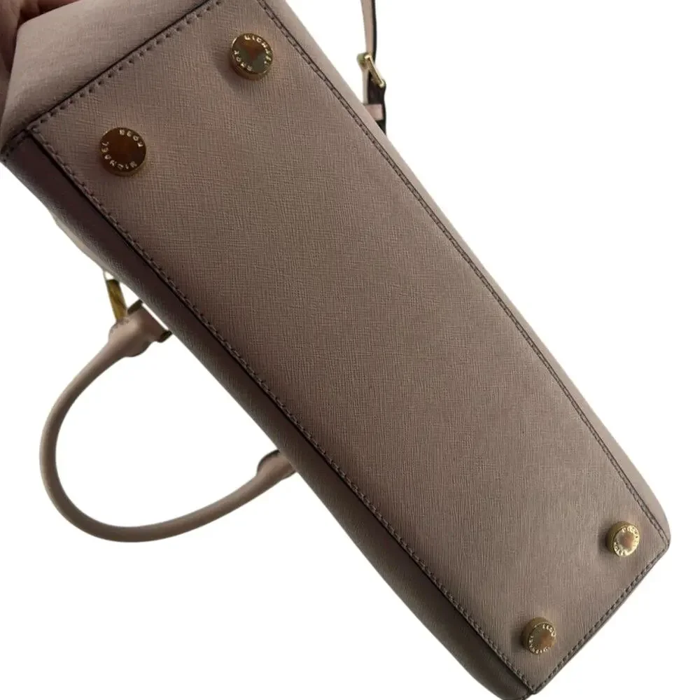 MICHAEL KORS Kellen Med Convertible Satchel Khaki Tan Beige Leather